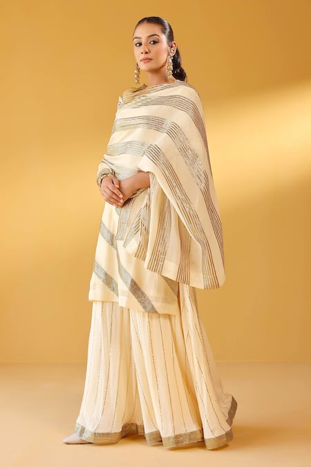 Palak & Mehak_Off White Chanderi Zari Round Neck Striped Kurta Sharara Set _Online_at_Aza_Fashions