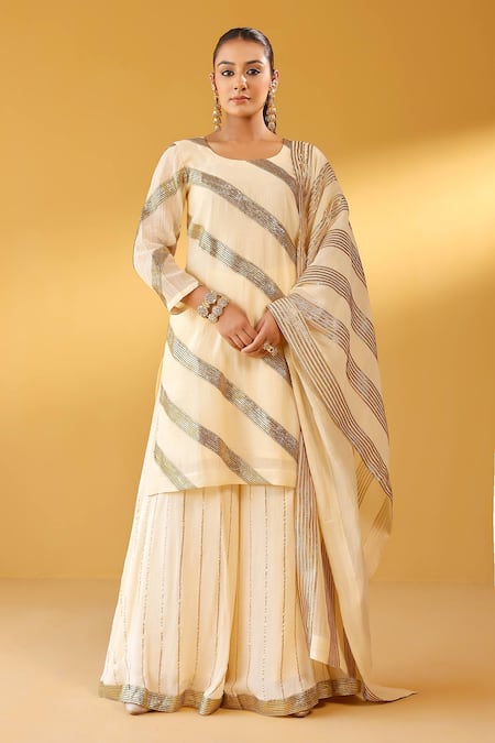Palak & Mehak Off White Chanderi Zari Round Neck Striped Kurta Sharara Set 