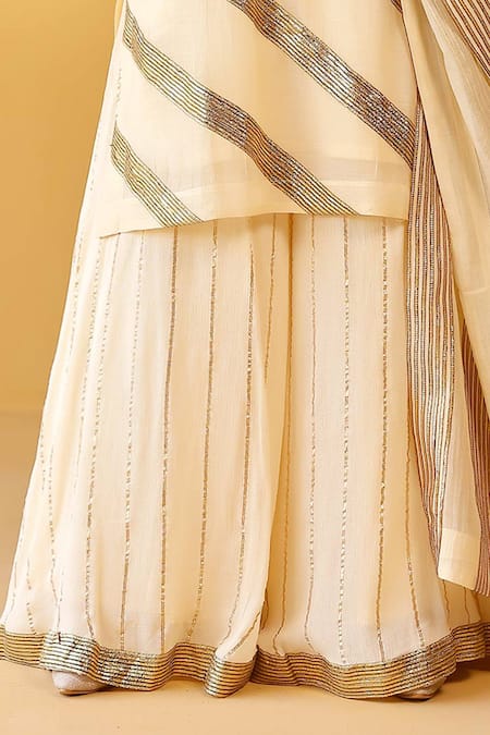 Buy_Palak & Mehak_Off White Chanderi Zari Round Neck Striped Kurta Sharara Set _Online_at_Aza_Fashions