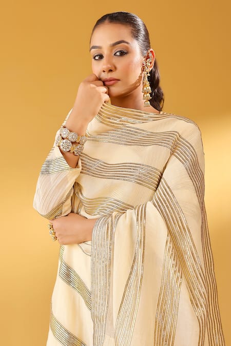 Palak & Mehak_Off White Chanderi Zari Round Neck Striped Kurta Sharara Set _at_Aza_Fashions