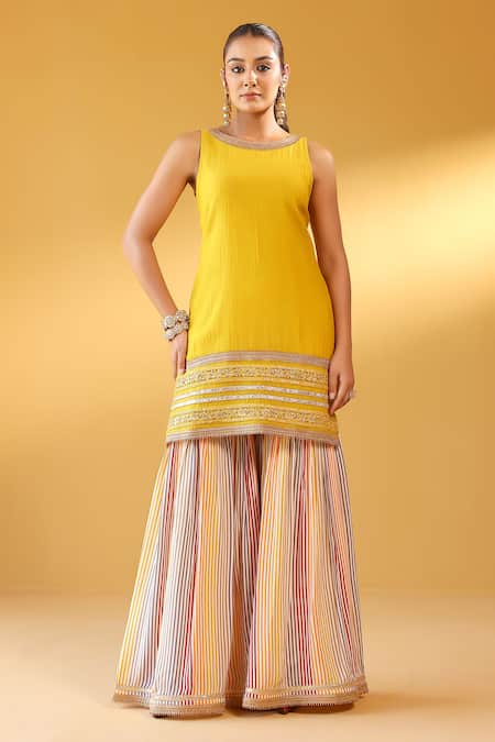 Palak & Mehak_Yellow Chanderi, Crepe Embroidery Round Neck Kurta Set _Online_at_Aza_Fashions