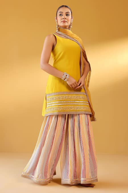 Buy_Palak & Mehak_Yellow Chanderi, Crepe Embroidery Round Neck Kurta Set _Online_at_Aza_Fashions