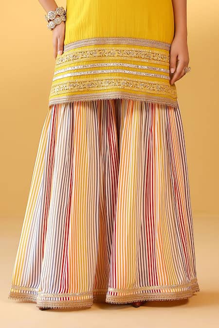 Palak & Mehak_Yellow Chanderi, Crepe Embroidery Round Neck Kurta Set _at_Aza_Fashions