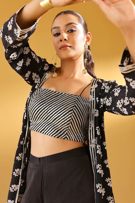 Palak & Mehak_Black Crepe Embroidery Open , Square Floral Print Jacket And Pant Set _Online_at_Aza_Fashions