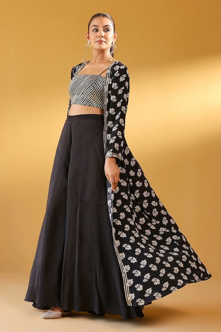 Buy_Palak & Mehak_Black Crepe Embroidery Open , Square Floral Print Jacket And Pant Set _Online_at_Aza_Fashions