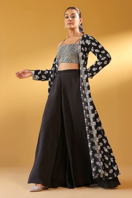 Shop_Palak & Mehak_Black Crepe Embroidery Open , Square Floral Print Jacket And Pant Set _Online_at_Aza_Fashions