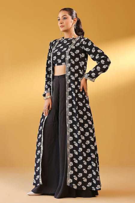 Buy_Palak & Mehak_Black Crepe Embroidery Open , Square Floral Print Jacket And Pant Set 