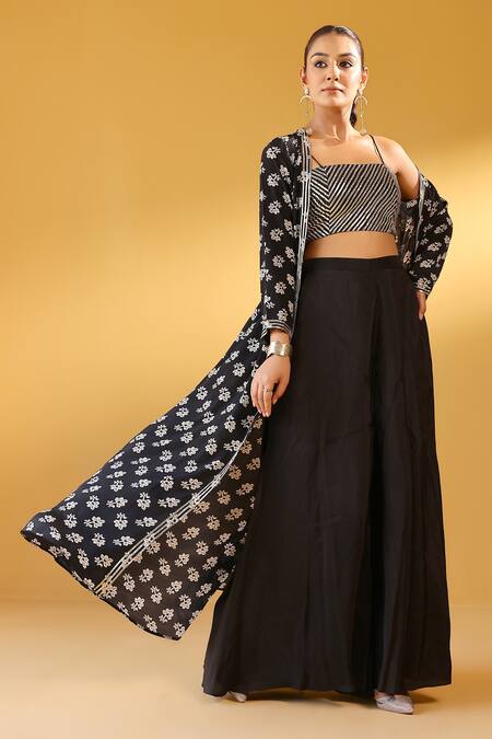 Shop_Palak & Mehak_Black Crepe Embroidery Open , Square Floral Print Jacket And Pant Set 