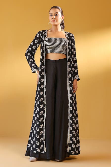 Palak & Mehak Black Crepe Embroidery Open , Square Floral Print Jacket And Pant Set 