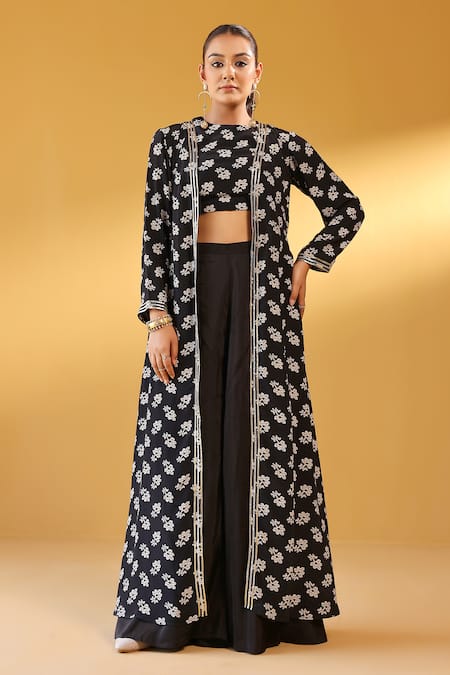 Palak & Mehak Black Floral Print Jacket & Pant Set 