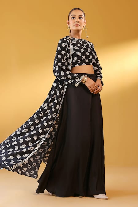 Palak & Mehak Black Floral Print Jacket Set 