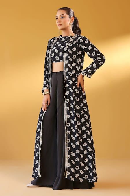 Palak & Mehak_Black Crepe Embroidery Open , Round Floral Print Jacket Set _Online_at_Aza_Fashions