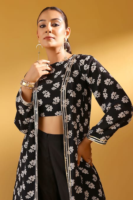 Buy_Palak & Mehak_Black Crepe Embroidery Open , Round Floral Print Jacket Set _Online_at_Aza_Fashions