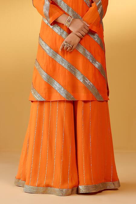 Palak & Mehak Orange Chanderi Zari Round Neck Designer Kurta Sharara Set Online at Aza Fashions Palak & Mehak_Orange Chanderi Zari Round Neck Designer Kurta Sharara Set _Online_at_Aza_Fashions