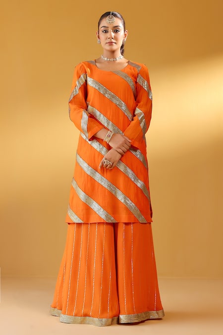 Palak & Mehak Designer Orange Chanderi Kurta Sharara Set 