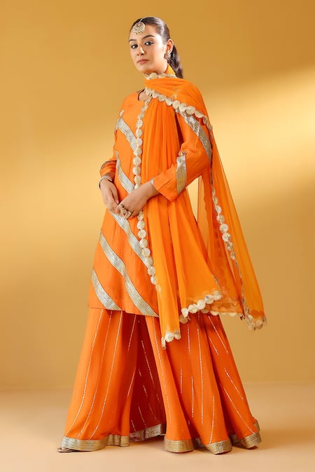 Palak & Mehak Orange Chanderi Zari Round Neck Designer Kurta Sharara Set 