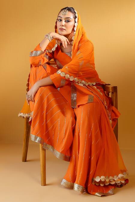 Buy_Palak & Mehak_Orange Chanderi Zari Round Neck Designer Kurta Sharara Set _Online_at_Aza_Fashions