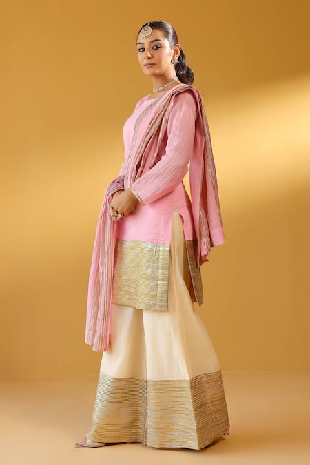 Palak & Mehak_Pink Chanderi Zari Round Neck Kurta Sharara Set _Online_at_Aza_Fashions