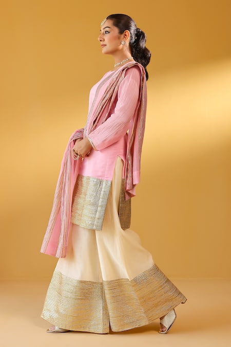 Buy_Palak & Mehak_Pink Chanderi Zari Round Neck Kurta Sharara Set _Online_at_Aza_Fashions