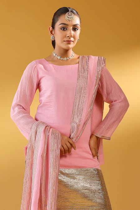 Shop_Palak & Mehak_Pink Chanderi Zari Round Neck Kurta Sharara Set _Online_at_Aza_Fashions