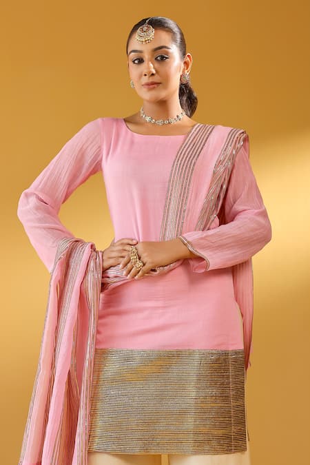 Palak & Mehak_Pink Chanderi Zari Round Neck Kurta Sharara Set _at_Aza_Fashions