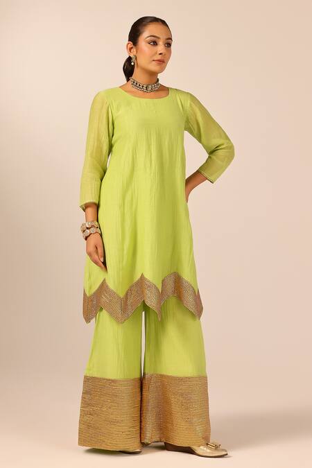 Palak & Mehak_Green Chanderi Zari Round Neck Kurta Sharara Set _Online_at_Aza_Fashions