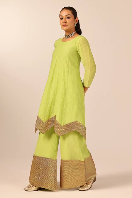 Buy_Palak & Mehak_Green Chanderi Zari Round Neck Kurta Sharara Set _Online_at_Aza_Fashions