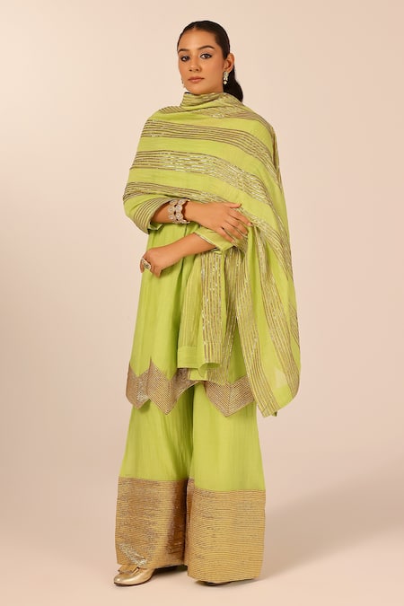 Shop_Palak & Mehak_Green Chanderi Zari Round Neck Kurta Sharara Set _Online_at_Aza_Fashions