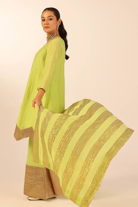 Palak & Mehak_Green Chanderi Zari Round Neck Kurta Sharara Set _at_Aza_Fashions