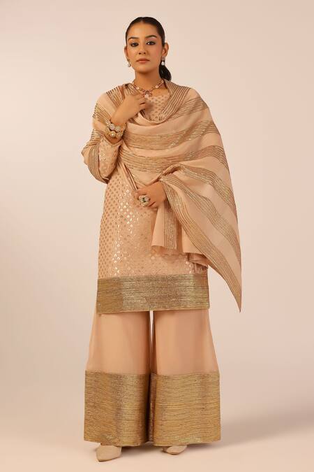 Palak & Mehak_Beige Chanderi Sequins, Zari Round Neck Embroidered Kurta Set _Online_at_Aza_Fashions
