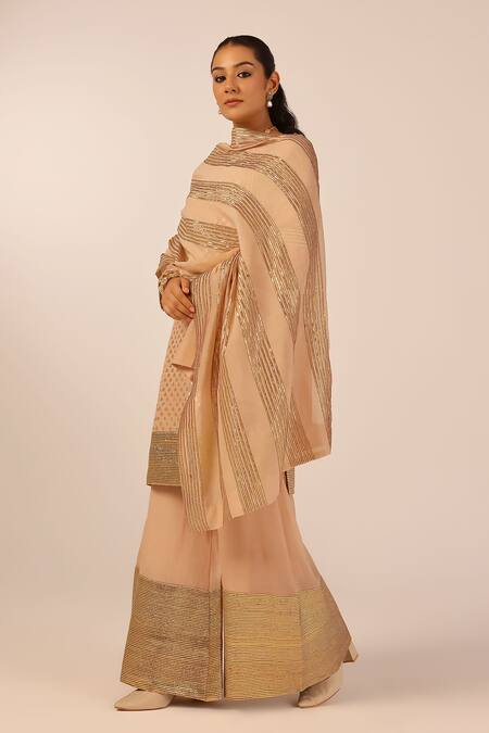 Buy_Palak & Mehak_Beige Chanderi Sequins, Zari Round Neck Embroidered Kurta Set _Online_at_Aza_Fashions