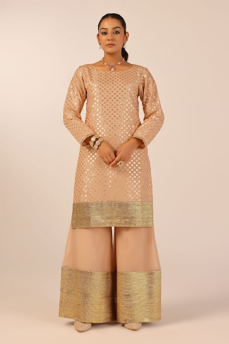 Palak & Mehak Beige Chanderi Embroidered Kurta Set 