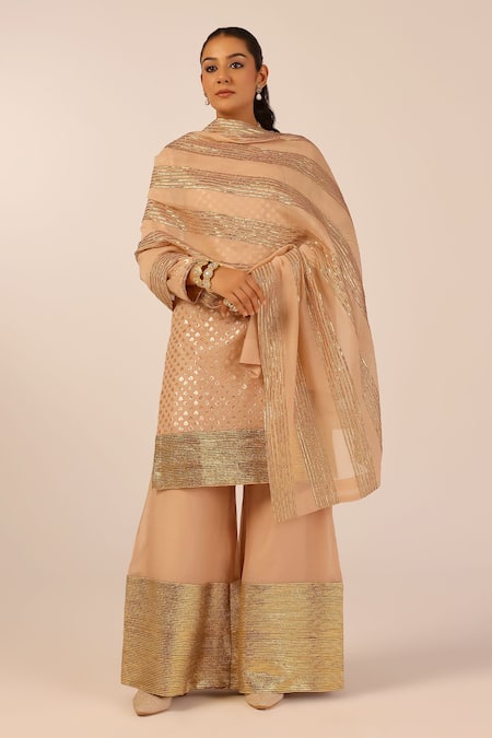 Palak & Mehak Beige Chanderi Sequins, Zari Round Neck Embroidered Kurta Set 