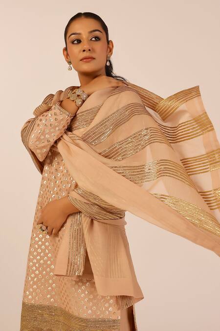 Shop_Palak & Mehak_Beige Chanderi Sequins, Zari Round Neck Embroidered Kurta Set _Online_at_Aza_Fashions