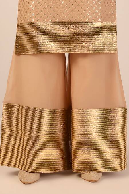 Palak & Mehak_Beige Chanderi Sequins, Zari Round Neck Embroidered Kurta Set _at_Aza_Fashions