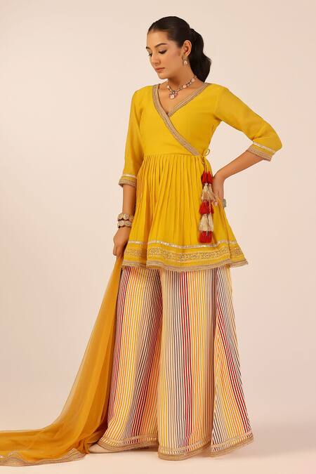 Palak & Mehak_Yellow Crepe Tassels, Embroidery V-neck Angarkha Palazzo Set _Online_at_Aza_Fashions