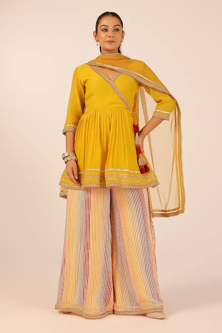 Palak & Mehak Yellow Crepe Tassels, Embroidery V-neck Angarkha Palazzo Set 