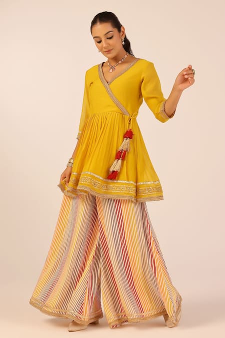 Palak & Mehak Yellow Angarkha Palazzo Set 