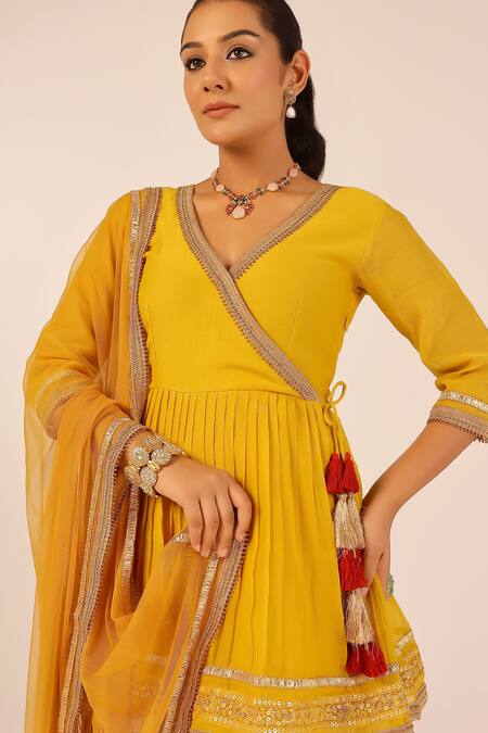 Shop_Palak & Mehak_Yellow Crepe Tassels, Embroidery V-neck Angarkha Palazzo Set _Online_at_Aza_Fashions