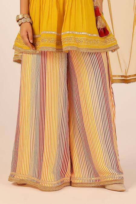 Palak & Mehak_Yellow Crepe Tassels, Embroidery V-neck Angarkha Palazzo Set _at_Aza_Fashions