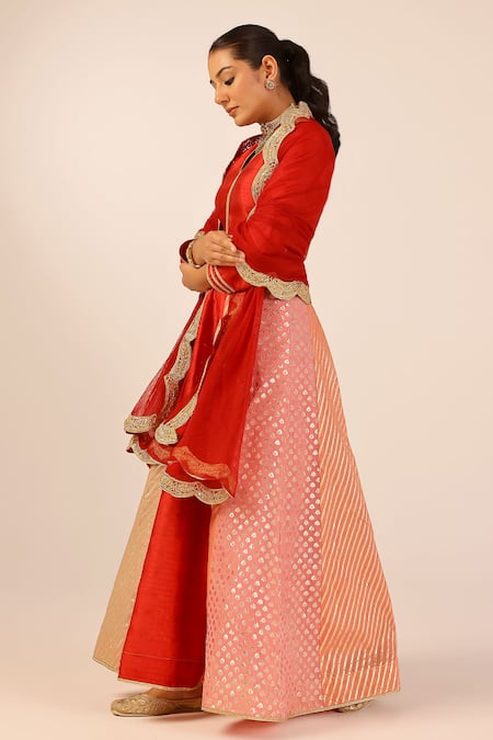 Palak & Mehak_Red Chanderi Sequins, Embroidery V-neck Multi Color Anarkali Set _Online_at_Aza_Fashions