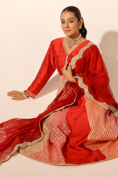 Shop_Palak & Mehak_Red Chanderi Sequins, Embroidery V-neck Multi Color Anarkali Set _Online_at_Aza_Fashions