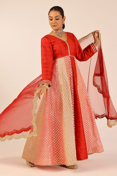 Palak & Mehak Red Chanderi Sequins, Embroidery V-neck Multi Color Anarkali Set 