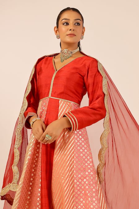 Palak & Mehak_Red Chanderi Sequins, Embroidery V-neck Multi Color Anarkali Set _at_Aza_Fashions