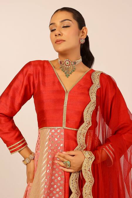 Buy_Palak & Mehak_Red Chanderi Sequins, Embroidery V-neck Multi Color Anarkali Set 