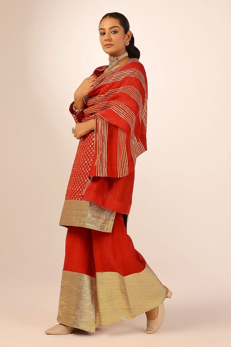Palak & Mehak_Red Chanderi Embroidery, Zari Round Neck Kurta Sharara Set _Online_at_Aza_Fashions