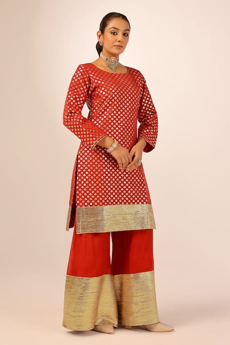 Buy_Palak & Mehak_Red Chanderi Embroidery, Zari Round Neck Kurta Sharara Set _Online_at_Aza_Fashions