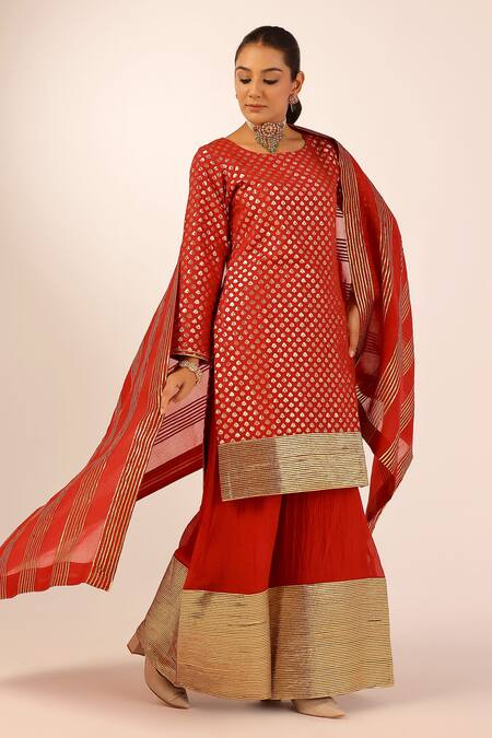 Shop_Palak & Mehak_Red Chanderi Embroidery, Zari Round Neck Kurta Sharara Set _Online_at_Aza_Fashions