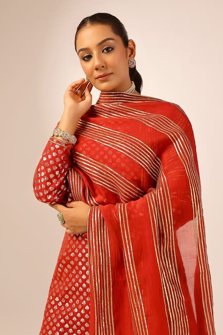 Palak & Mehak_Red Chanderi Embroidery, Zari Round Neck Kurta Sharara Set _at_Aza_Fashions