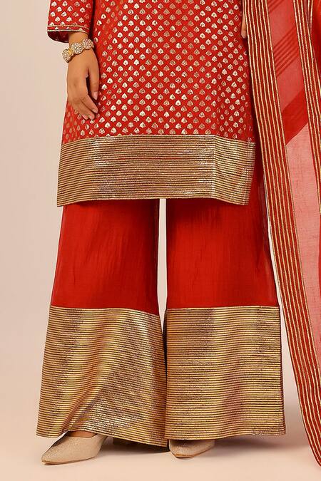 Buy_Palak & Mehak_Red Chanderi Embroidery, Zari Round Neck Kurta Sharara Set 